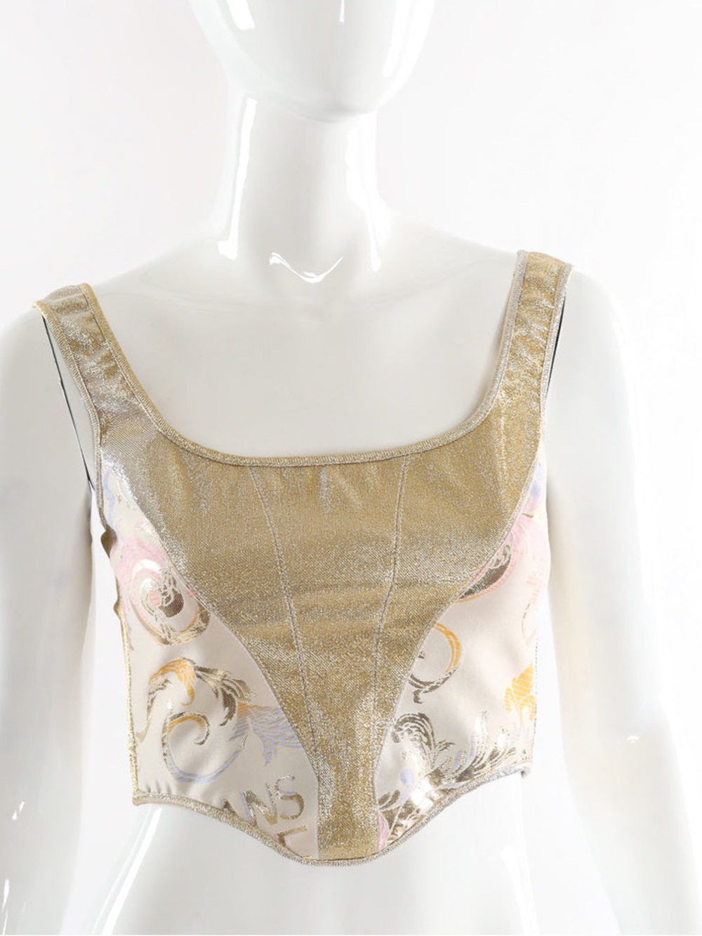 VERSACE JEANS COUTURE Gold Metallic Scoop Corset with Pearlescent Baroque Print